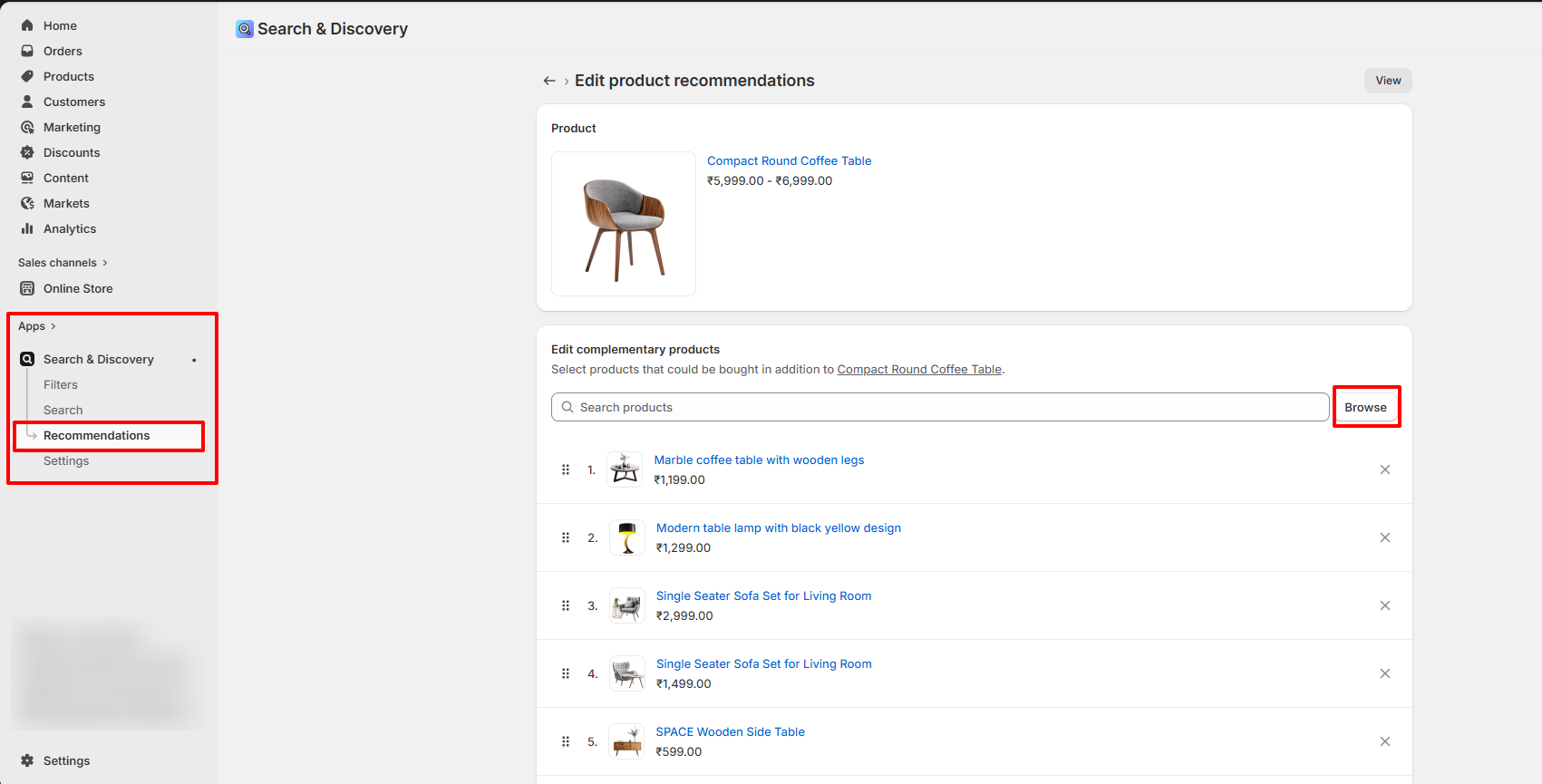 Complementary products settings