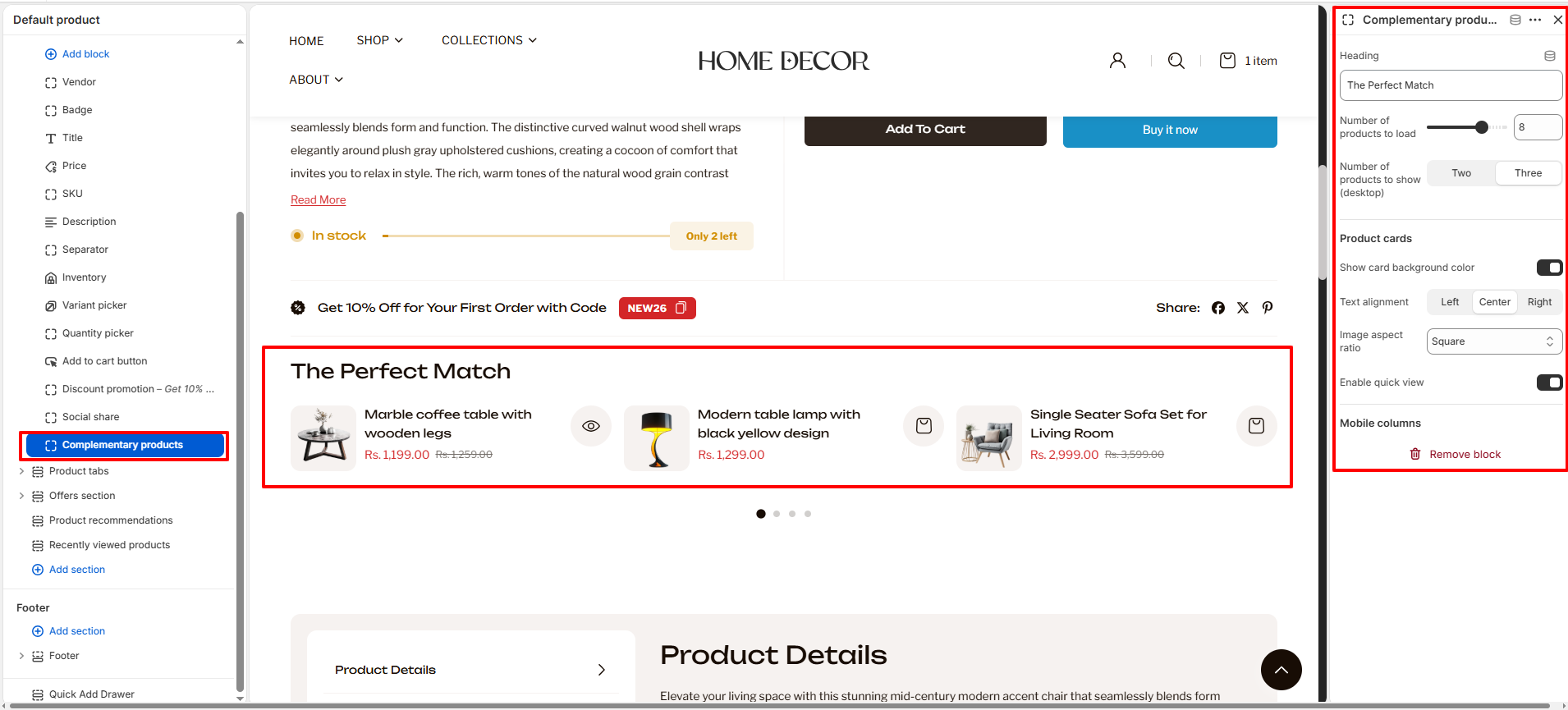 Complementary products settings