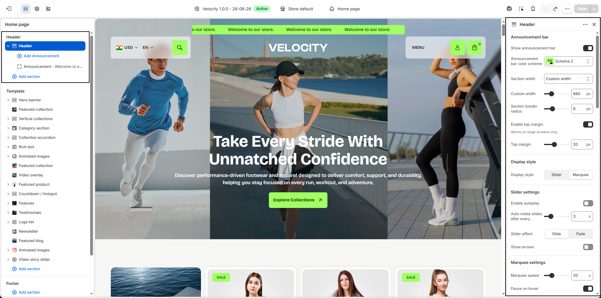 Velocity Header Settings
