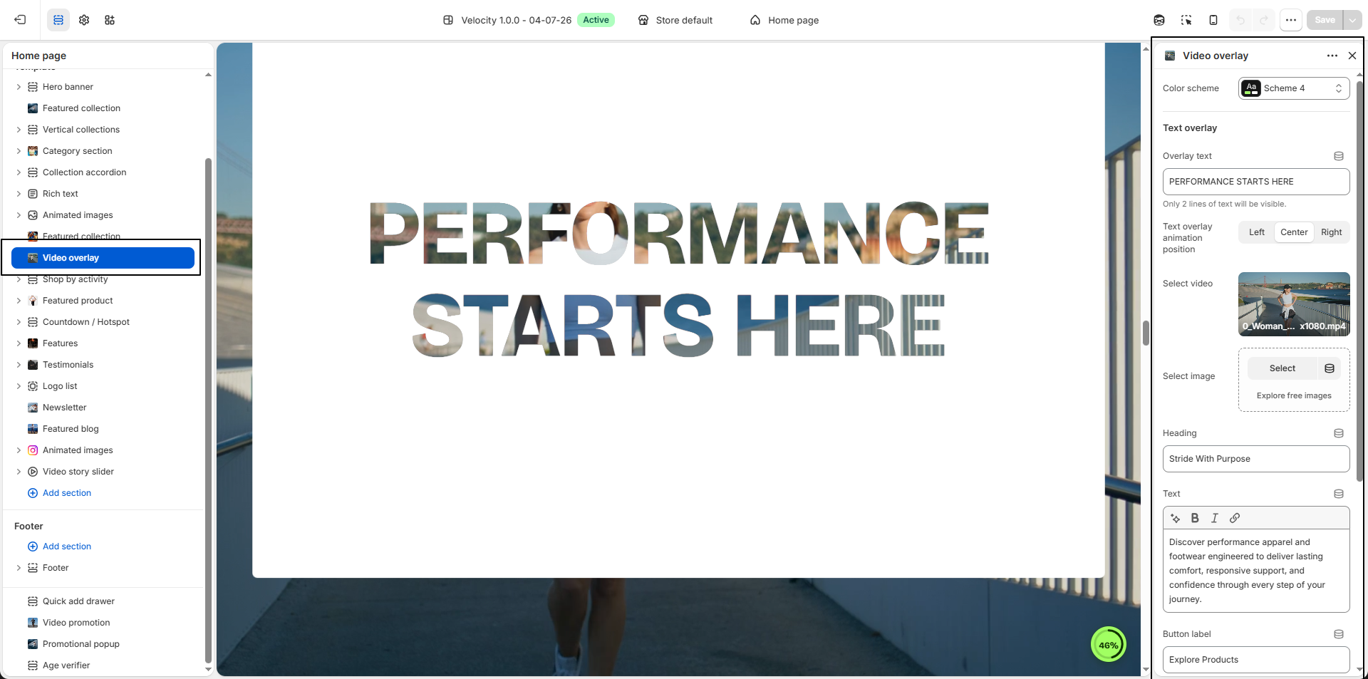 Video Overlay section settings in Shopify theme editor