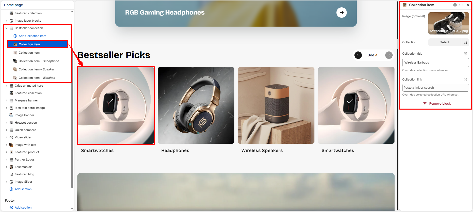Collection item block settings in Shopify theme editor