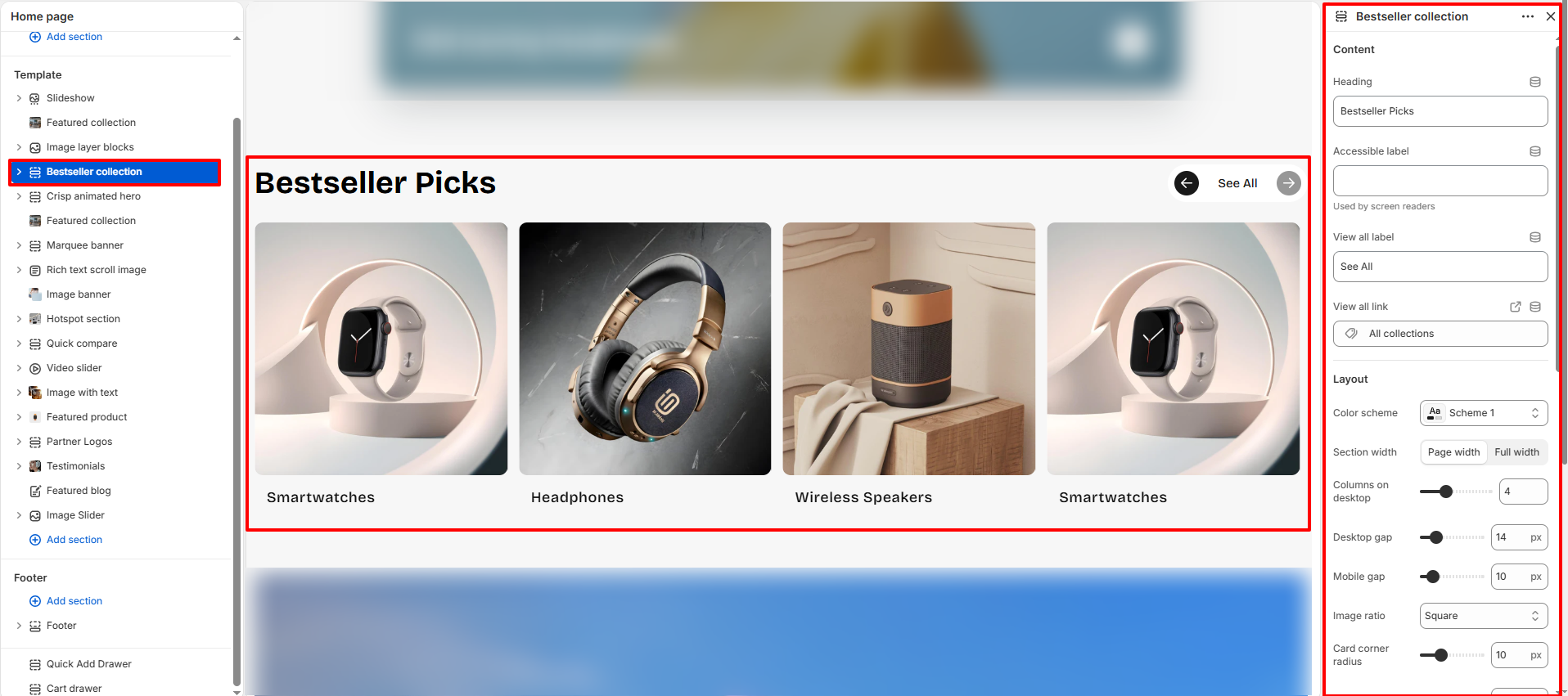 Bestseller collection section settings in Shopify theme editor