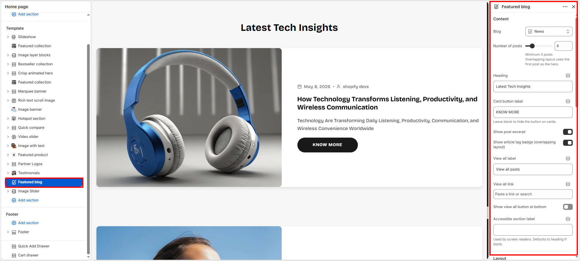 Featured blog section settings in Shopify theme editor