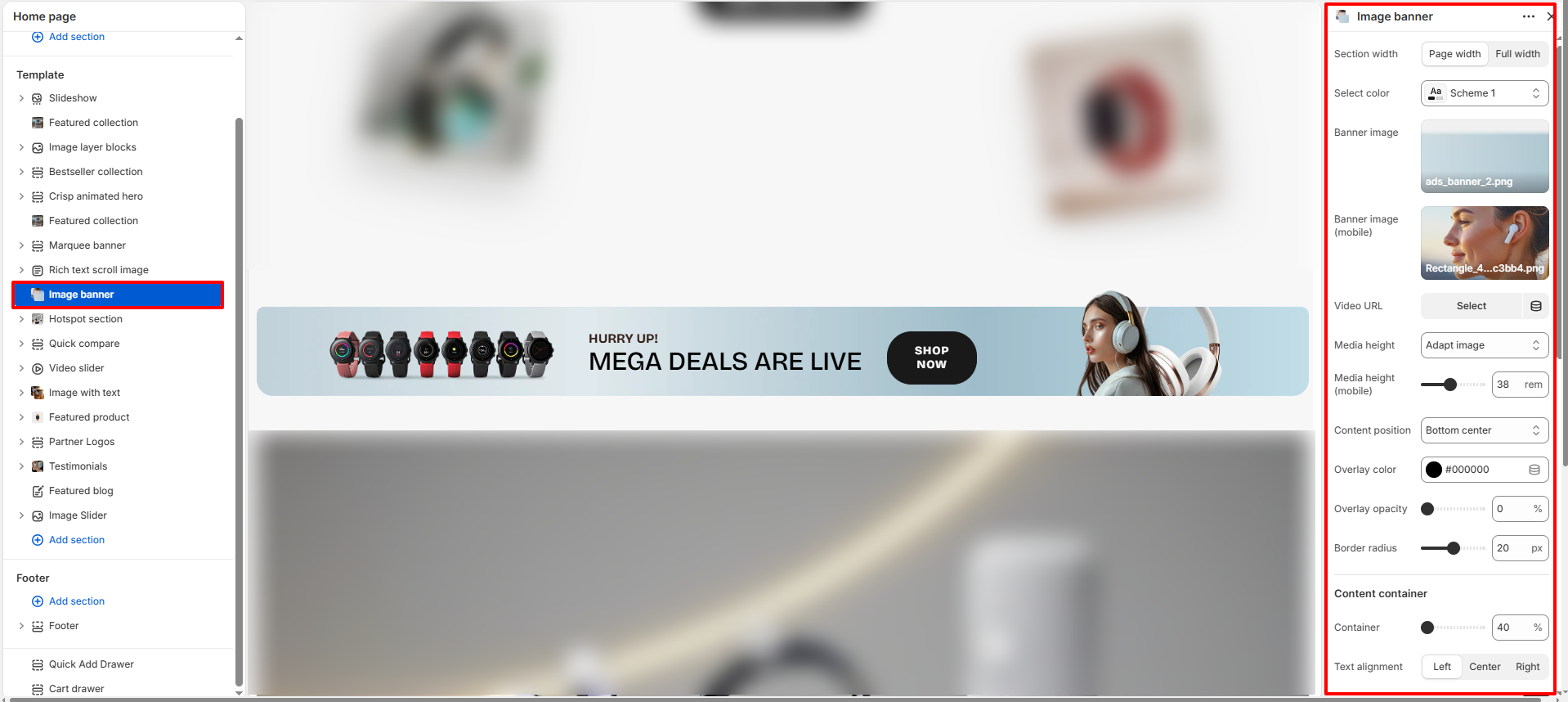 Image banner section settings in Shopify theme editor