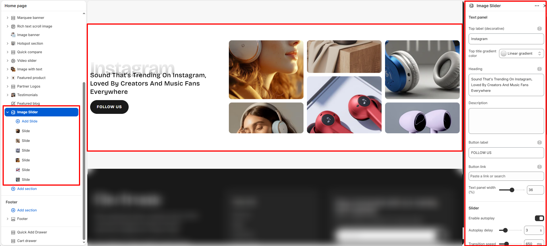 Image Slider section settings in Shopify theme editor