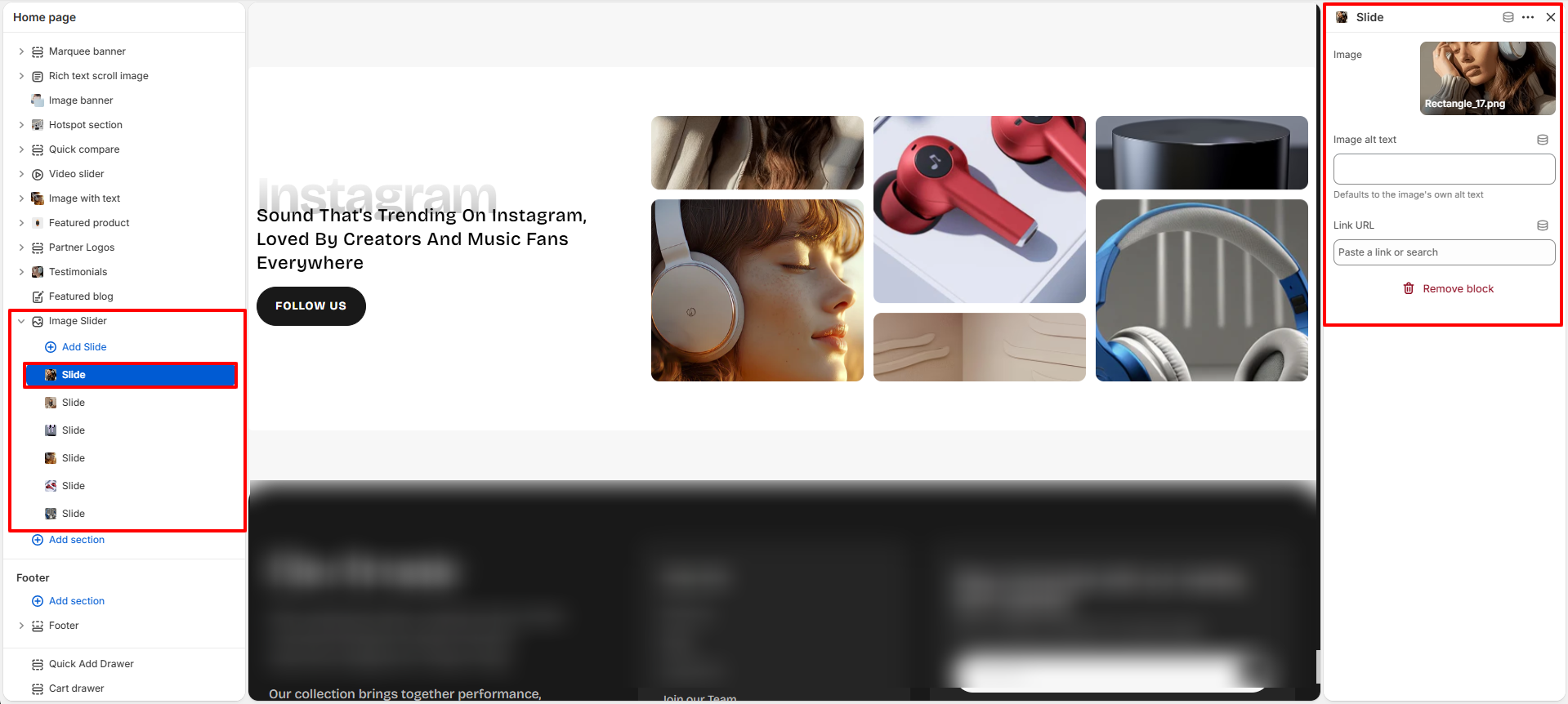 Image Slider slide block settings