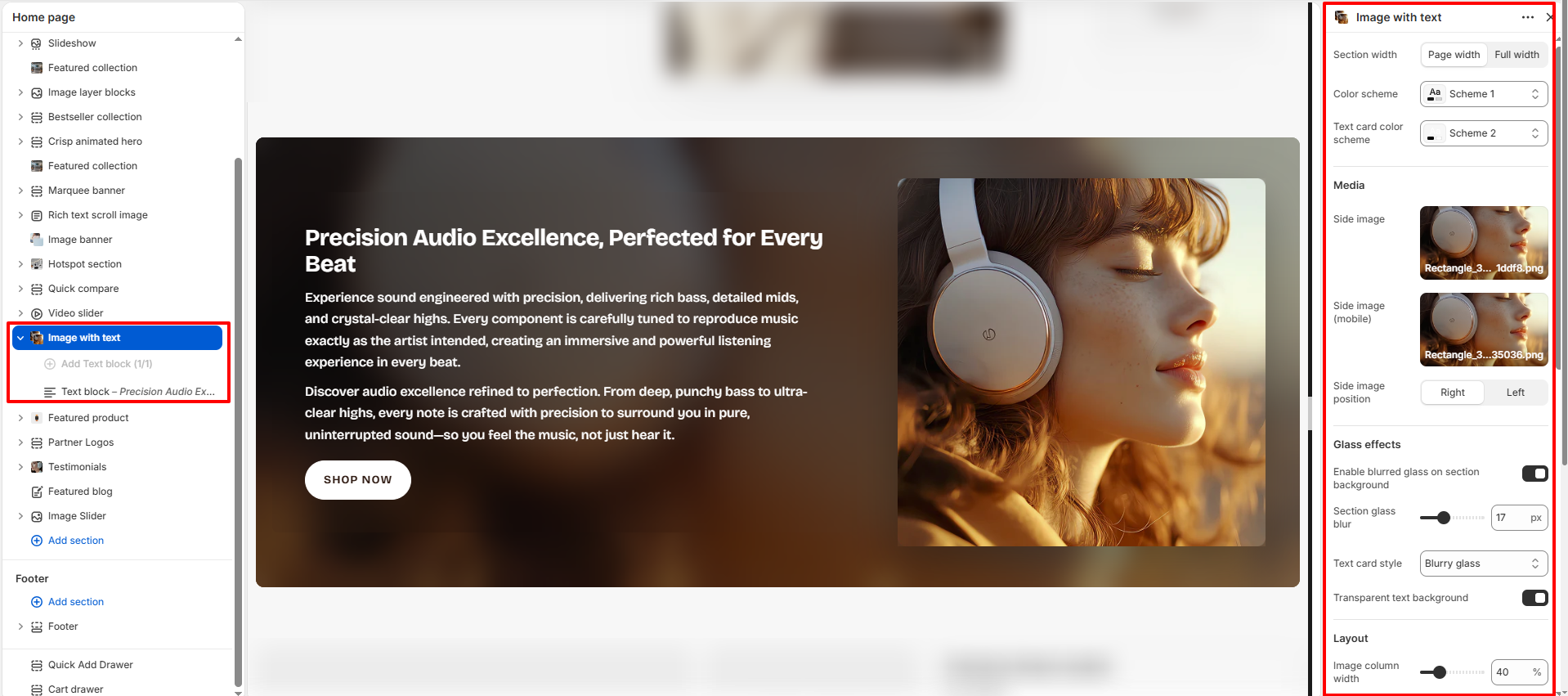 Image with text section settings in Shopify theme editor