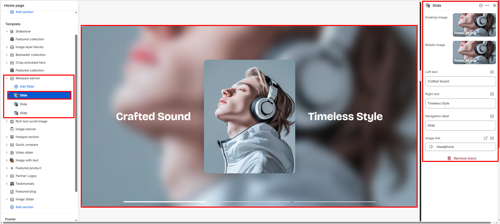 Marquee banner slide block settings