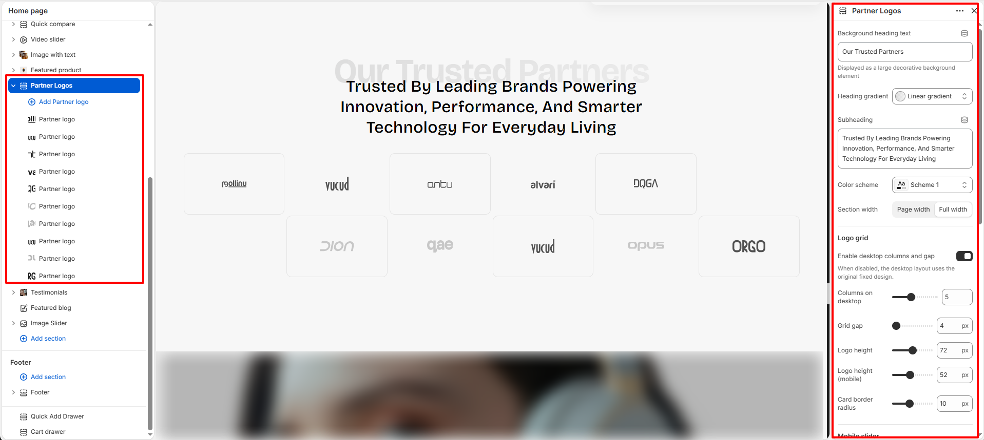 Partner logos section settings in Shopify theme editor