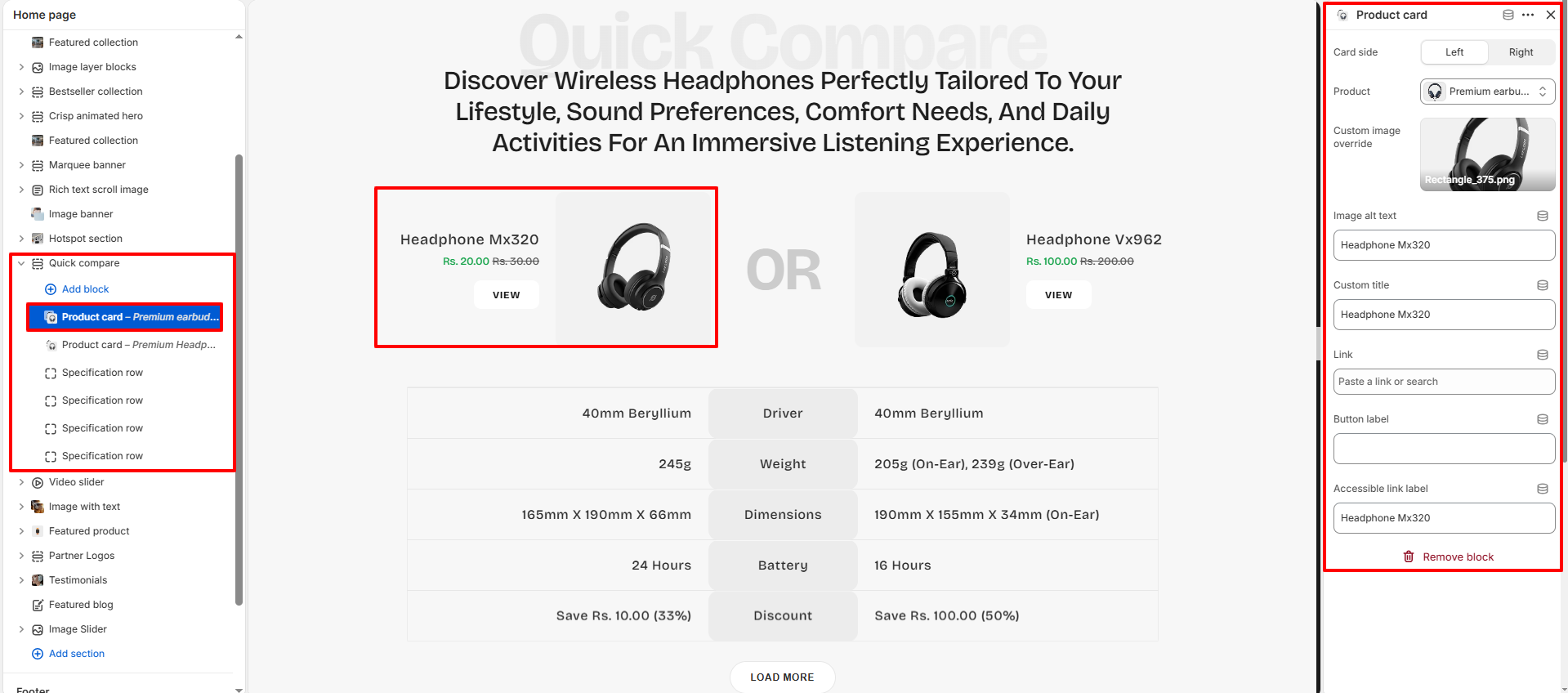 Quick compare product card block settings
