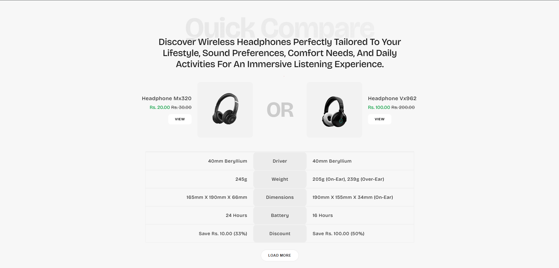 Quick compare section preview