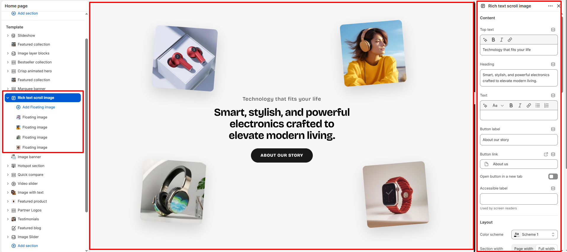 Rich text scroll image section settings in Shopify theme editor