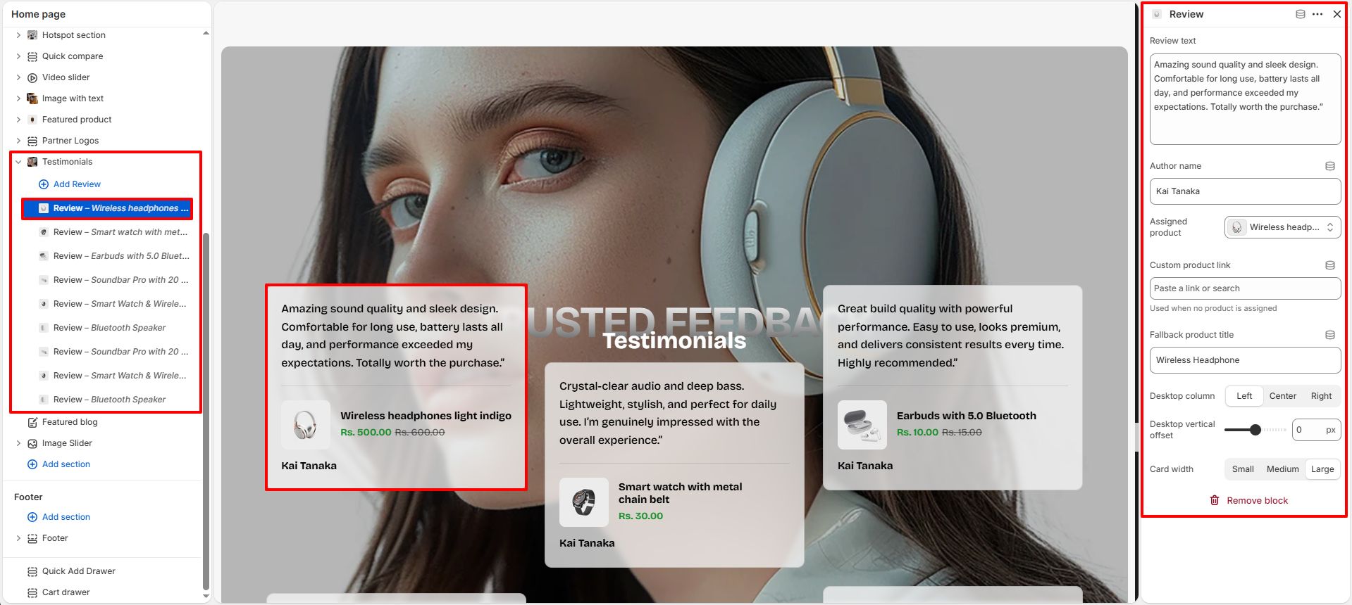 Testimonials review block settings