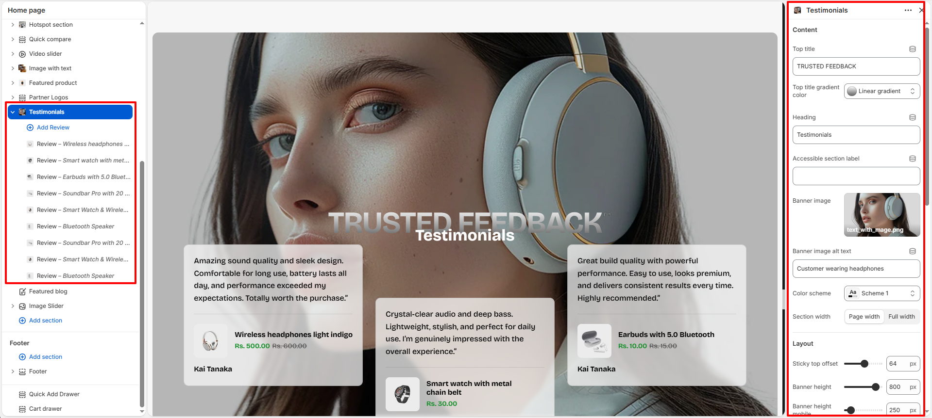 Testimonials section settings in Shopify theme editor