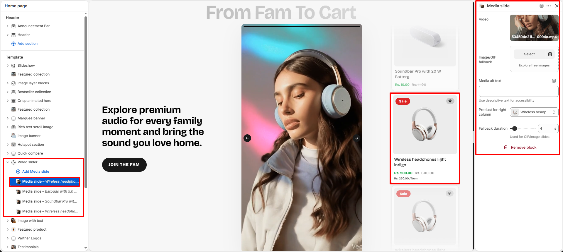 Video slider media slide block settings