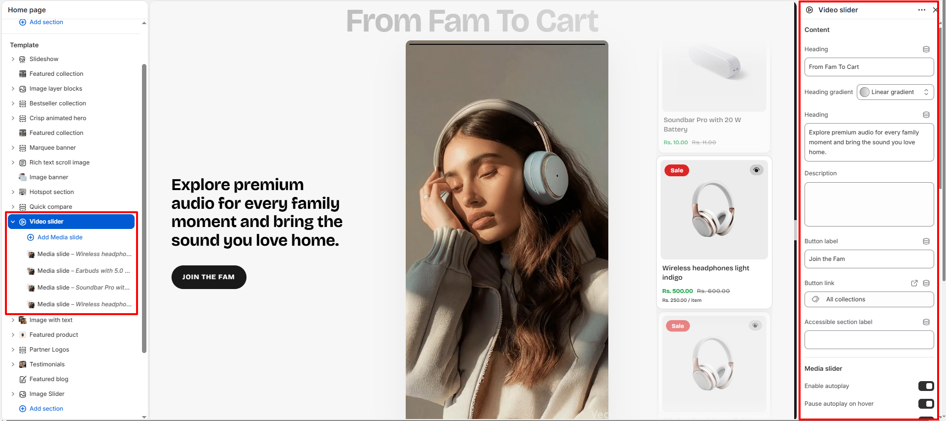 Video slider section settings in Shopify theme editor
